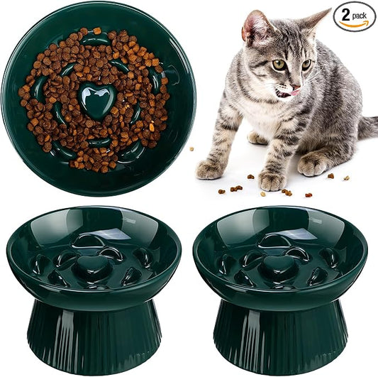 Tioncy 2 Pcs Raised Cat Slow Feeder Bowl Ceramic Elevated Cat Dog Food Bowl No Spill High Edge for Dry Wet Food and Water Easy to Clean, Dishwasher Safe (Dark Green)