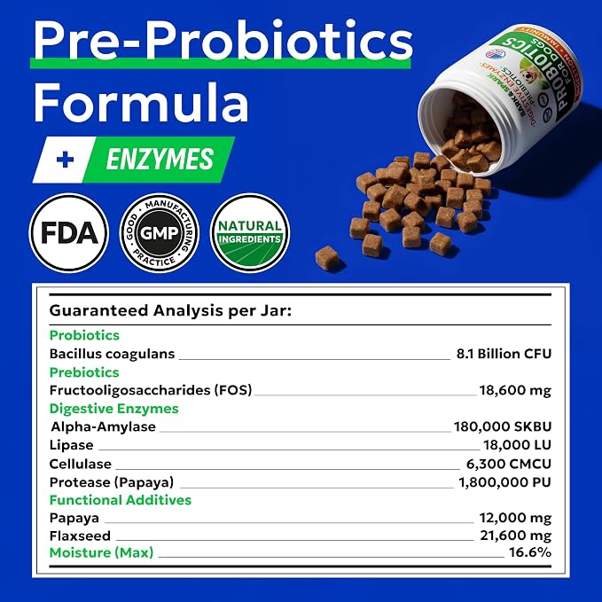 BARK&SPARK Dog Probiotics 180 Chews for Digestive Health w/Enzymes & Fiber - Diarrhea Gas Treatment Upset Stomach Relief - Allergy & Itchy Skin - Pet Probiotics for Dogs