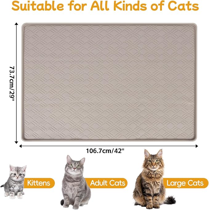 Cat Food Mat, 42" x 29" Large Silicone Mat Cat Feeding Mat with Raised Edge Non-Slip Pet Feeding Mat for Food and Water Bowl, Easy to Clean, Floor Protection (Beige)
