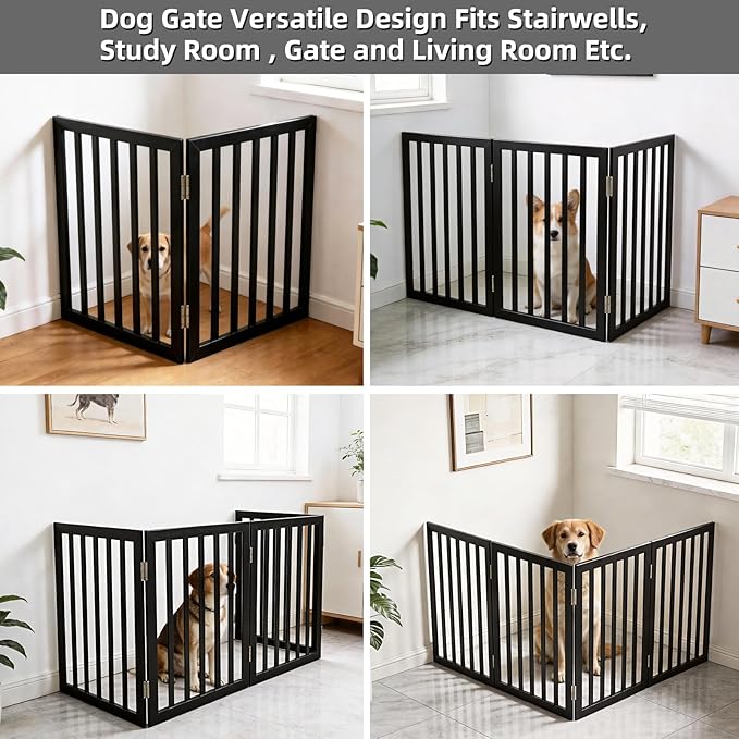 Dog Gate Indoor, Freestanding Dog Fence for The House, Doorways, Hallways,or Stairs,Pet Gate Foldable Wooden,Expandable 32" Height 2 Panels,Black