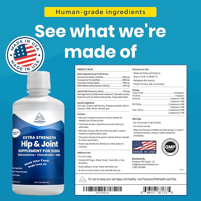 Liquid Glucosamine for Dogs 2600mg, Hip & Joint Supplement with Chondroitin & MSM, 32 oz Mobility Support for Large Dogs, Human-Grade Joint Care Made in GMP & FDA Registered Facility
