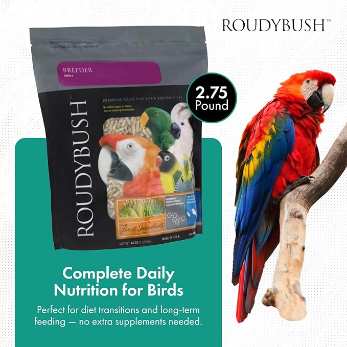 RoudyBush Breeder Food for Breeding & Weaning Birds, Pelleted Diet Made with Corn, Wheat & Soy, Daily Food for Small & Medium Parrots, Small Pellet, 44 OZ