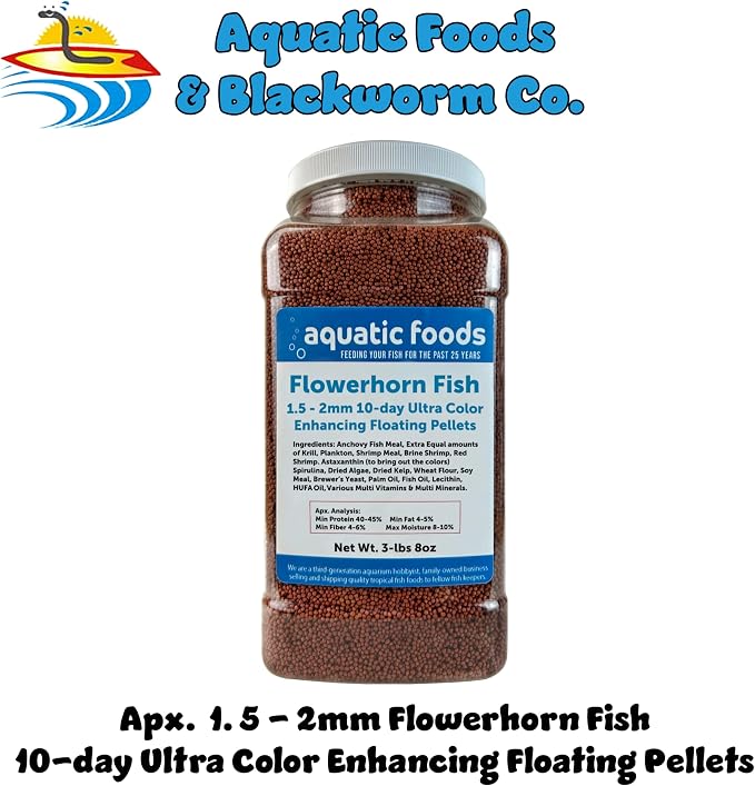 Flowerhorn Fish Ultra Red Color Enhancing 1.5mm-2mm Floating Pellets. Color Enhancing in 10-Days for Baby, Juvenile and Adult Flowerhorn…3-lbs 8oz Large Jar
