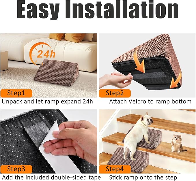 Dog Ramp for Stairs for Small & Senior Dogs and Cats – Non-Slip Stair Wedges for Dogs with Gentle Slope, Pet Ramp with Washable Cover & Self-Sticky Pads for Safe Climbing (Brown, 6 Pack)