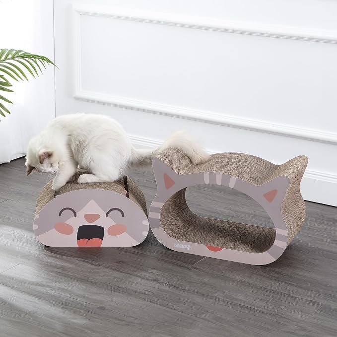 CSR1000A Opal 19" Modern Cardboard Happy Cat Head 2-in-1 Cat Cave Scratcher with Built-in Bell Toys and Catnip, Muted Pink/Cream