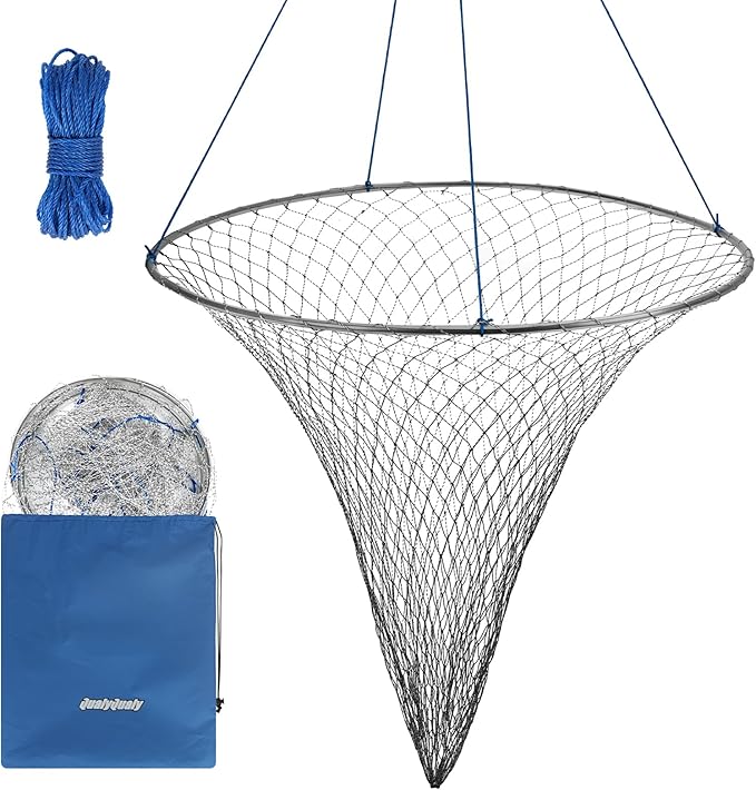 QualyQualy Large Bridge and Pier Fishing Net 32''/39'' Hoop, Foldable Drop Net Pier Fishing for Saltwater with Rope, Landing Net with Nylon Mesh, Collapsible Soft Steel Ring