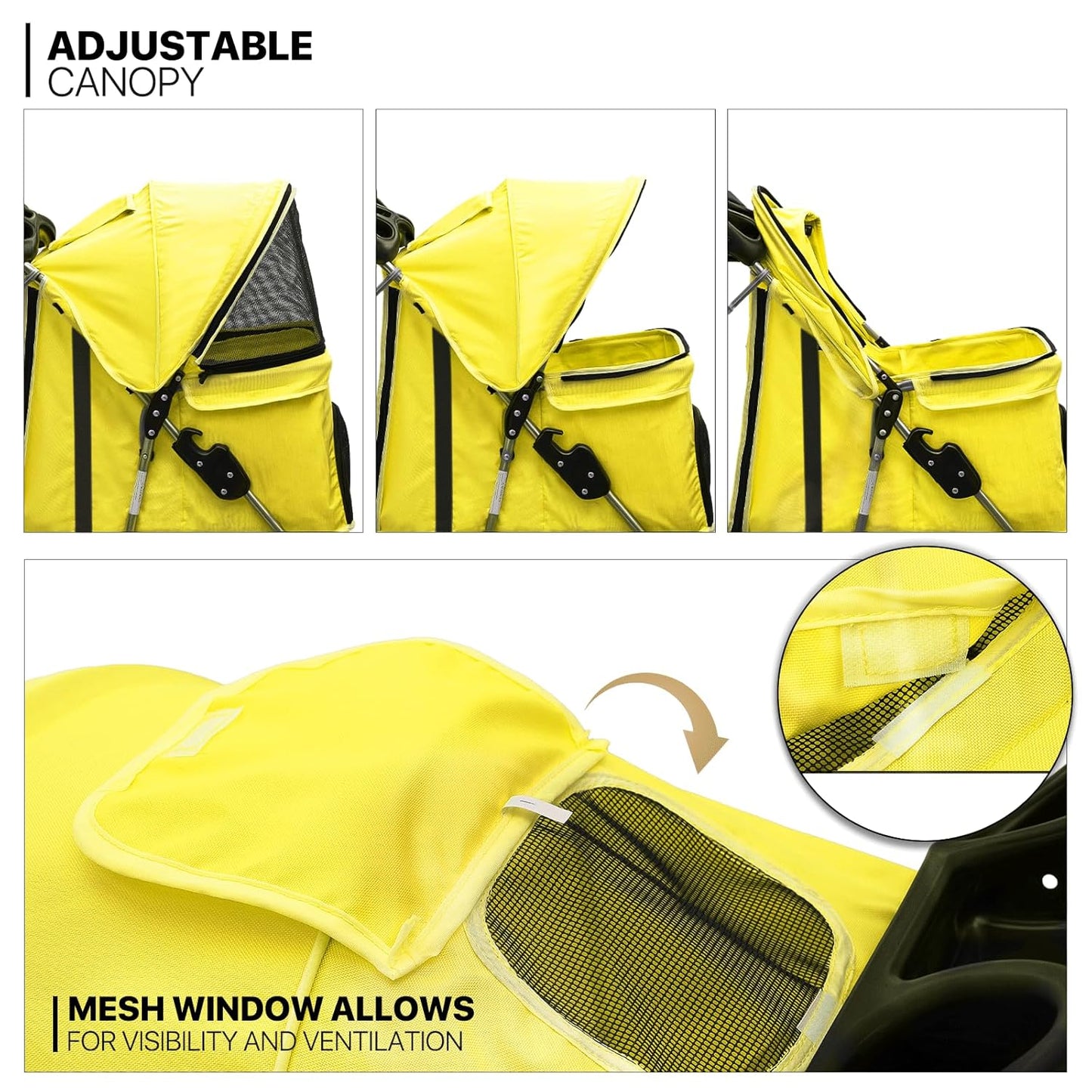 MoNiBloom Foldable Pet Stroller with Waterproof Cover, 3-Wheels Dog Strolling Cart for Small/Medium Dogs and Cats with Storage Basket and Cup Holder, Breathable and Visible Mesh for All-Season, Yellow