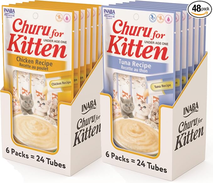 INABA Churu for Kittens, Creamy, Purée Lickable Cat Treats with DHA, EPA, Vitamin E & Taurine, 0.5 Ounces Each, 48 Tubes (4 per Pack), Tuna and Chicken Variety