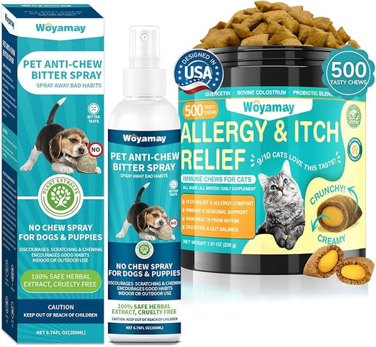 Cat Allergy Relief Chews & Dog No Chew Spray Bundle | Anti-Itch Chews for Cats with Seasonal Support & Bitter Apple Spray for Dogs to Stop Chewing and Licking | Multi-Pet Skin Comfort & Behavior Care