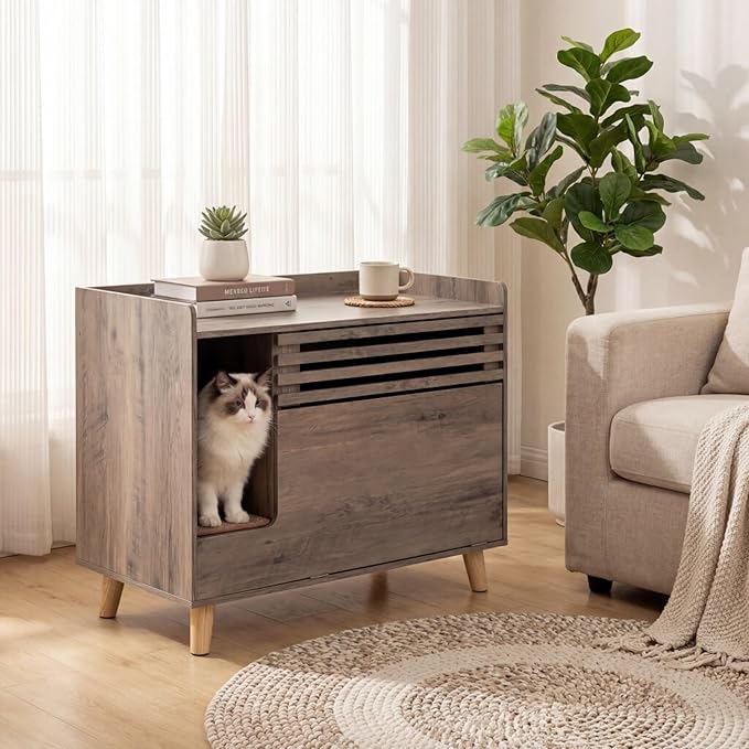 Tangkula Farmhouse Litter Box Enclosure, Cat Litter Box Furniture Hidden with Flip-Down Opening Door, Scratching Mat, 31.5 Inch Wooden Cat Washroom Side Cabinet with Storage for Indoor Cats (Brown)