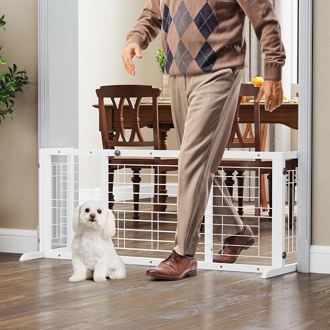 COZIWOW 38" -67" Dog Gate Indoor, Pet Gates for Doorways No Drilling, Wooden Free Standing Doggie Fence for Stairs, Safety for Small to Medium-Sized Dog,White