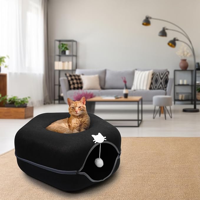 Large Cat Cave Bed for Indoor Cats, Cat Donut Tunnel Bed with Peekaboo Hideaway, Hanging Toy Ball & 3 Play Balls, Felt Cat Cave Bed for Multiple & Large Cats to 30lbs, Detachable Washable Meow Mansion