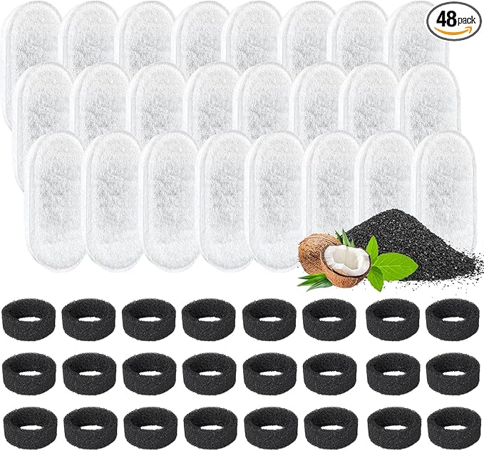 Cat Water Fountain Filter, 48 Pack Cat Fountain Filters, Cat Fountain Replacement Filter for 67oz/2L&108oz/3.2L Stainless Steel Pet Water Fountain (24 Filters & 24 Sponges)