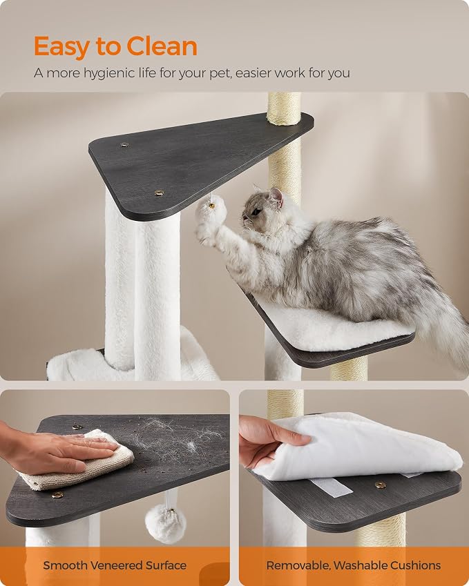 Feandrea Cat Tree, 65-Inch Modern Cat Tower for Indoor Cats, Multi-Level Cat Condo with 5 Scratching Posts, Perch, Washable Removable Cushions, Cat Furniture, Misty Gray UPCT166G03