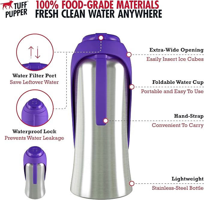 Tuff Pupper Retractable Dog Leash and 27oz Pupflask Portable Water Bottle - Violet