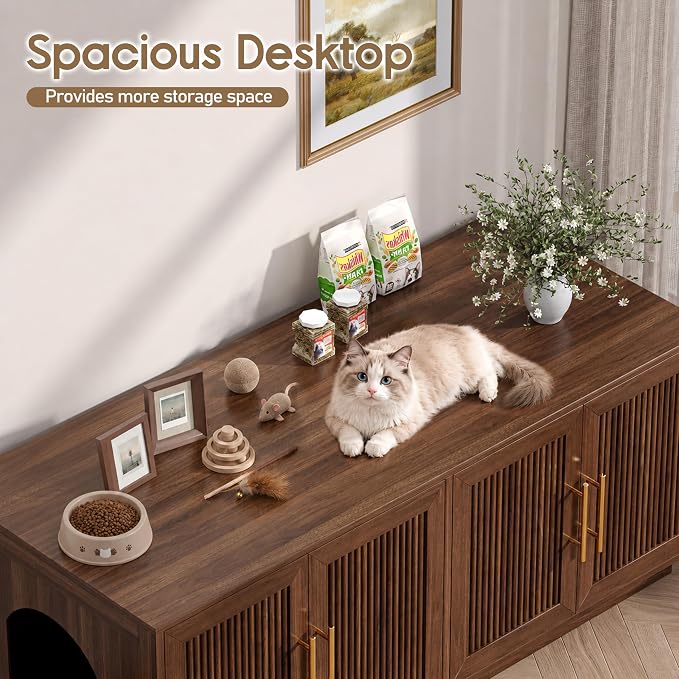 Fluted Cat Litter Box Enclosure, 47.2" Large Double Hidden Litter Box Furniture Cabinet for 2 Cats, Indoor Cat House, Modern End Table for Living Room, Entryway, Bedroom, Walnut