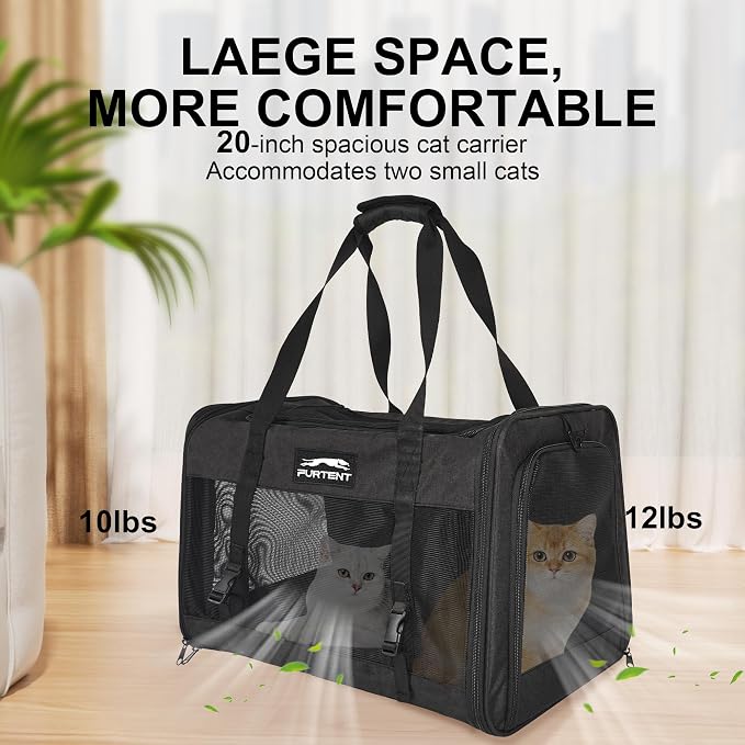 Soft Sided Cat Carrier for Large Cats, Pet Carrier for 2 Cats or Small Dogs Up to 25Lbs, Large Cat Carrier with Shoulder Strap, Cat Car Carrier with Safety Rope, Cat Carriers 20x13x13 inches, Black