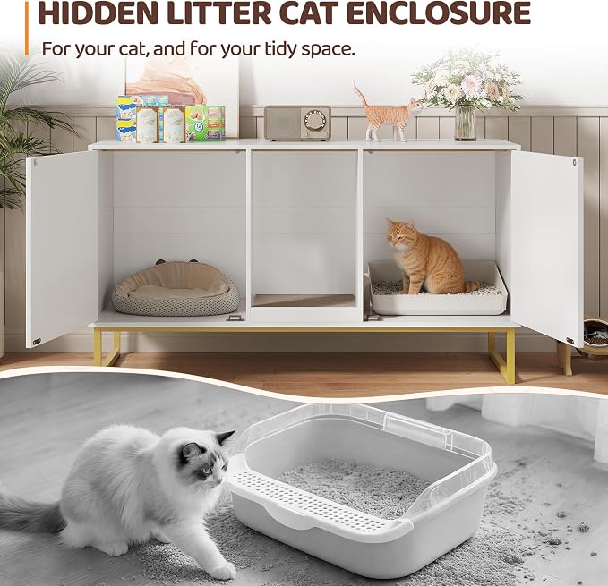 Kitty Litter Box Enclosure for 2 Cats, Small Hidden Cat Litter Box Furniture with Scratch Pad, Modern Fluted Double Litterbox Cabinet TV Stand for Kittens, White