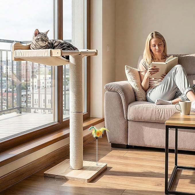 Keaber Cat Scratching Post with Window Perch, 44 Inch Adjustable Tall Sisal Rope Scratching Post for Large Cats, Suction Cup Cat Window Hammock Perch for Bird Watching, Climbing, Sleeping, Beige