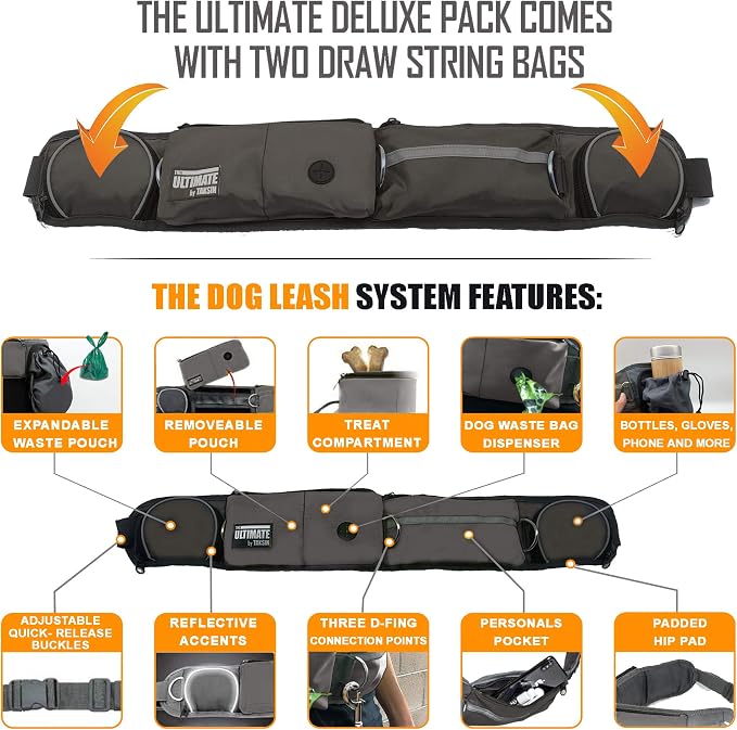 TAKSIN The Ultimate Hands Free Dog Leash System for Walking Running Hiking Training, Reflective Bungee Leash, Treat Holder, Poop Bag Dispenser for Small Medium Large Dogs (Grey Deluxe Pack)