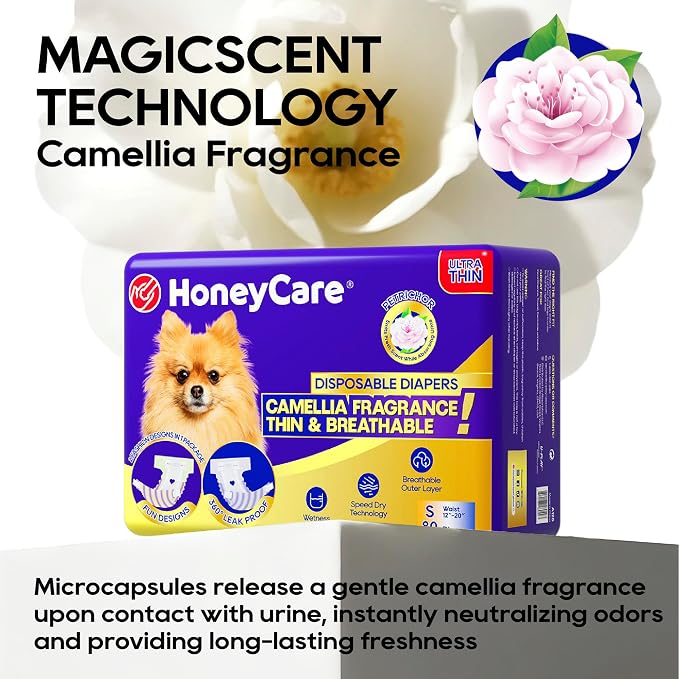 HONEY CARE Petrichor Female Dog Diaper, Camellia Fragrance, Emits Fresh Scent While Absorbing Urine, Thin & Breathable, 2 Fashion Designs in 1 Package, S, 80 Count