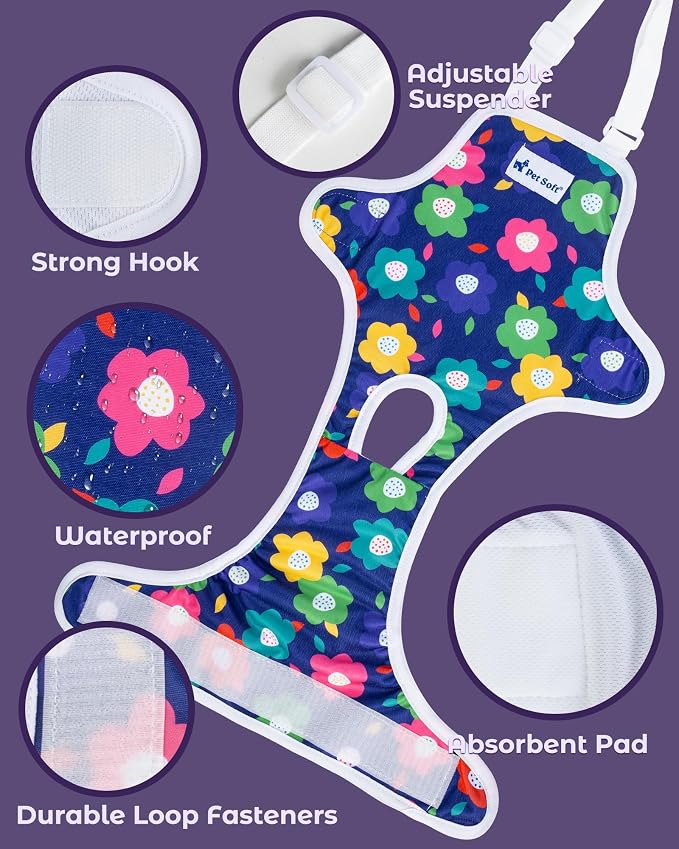 Pet Soft Dog Diapers Female Onesie Sanitary Pantie with Adjustable Suspender, Colorful Pattern Washable Puppy Diapers Female, Super Absorbent Underwear Dog Diaper for Heat (Floral, XL)