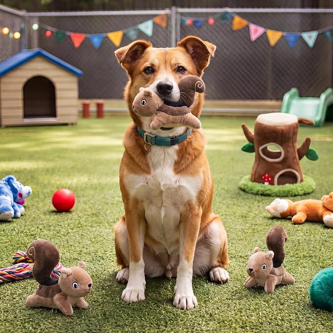 Skylety 7 Pieces Hide and Seek Dog Toys Activity Puppy Chew Squeaky Toys Plush Stuffing Woodland Stuffing with Squeakers for Small Medium Pets Dogs Puppy Gift (Squirrel,Small)