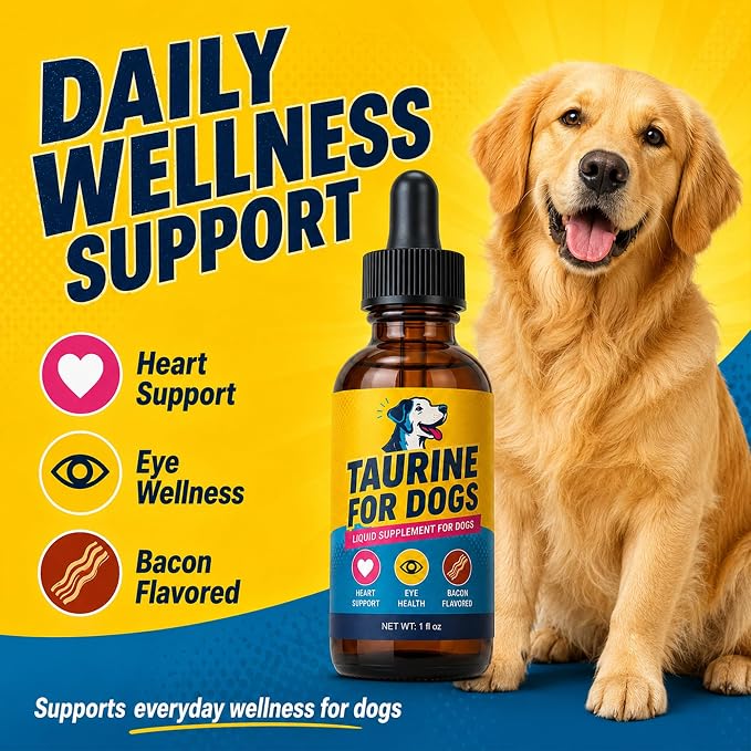 Taurine for Dogs, Bacon Flavored Heart & Eye Wellness Drops with Eyebright, 100mg Taurine Per 1mL, Daily Dog Amino Acid Support, for Small, Medium & Large Dogs, 1 fl oz