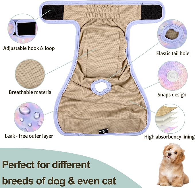 3 Pack Female Dog Diapers - Reusable Diapers for Doggie in Heat - Highly Absorbent Dog Diapers Female for Pet Incontinence with Adjustable Snaps (Tie Dye, XXL)