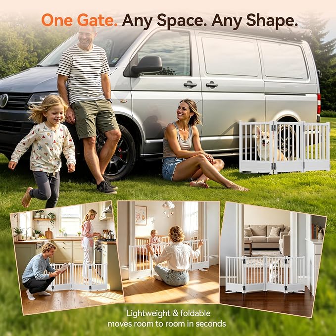 Reinforced Base Small Dog Gate, 48x15.7Inch No Drill Foldable Pet Fence, White Heavy Duty Puppy Barrier for Doorways, Modern Step-Over Metal Dog Gate for House, Anti-Tip Smooth Panel, Holds 200+ lb