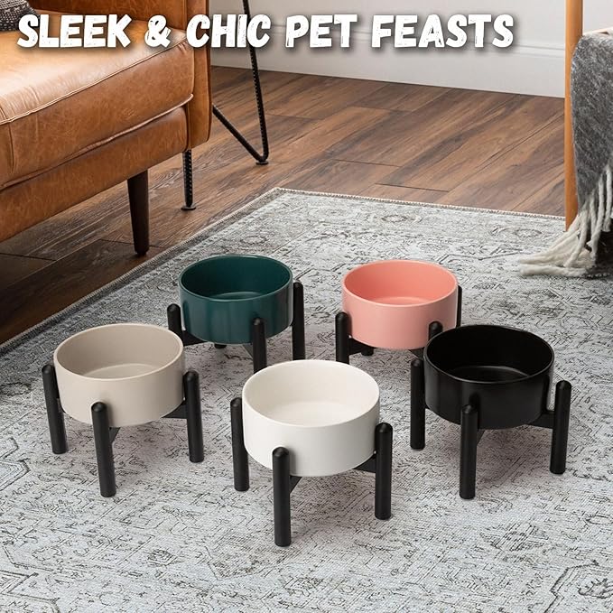 Raised Ceramic Dog Bowl, 6.1'' Modern Feeding Bowl with Non-Slip Stainless Steel Stand, Elevated Food or Water Dish for Small to Medium Dogs, 2 Cups (28.75 fl oz) - Grey