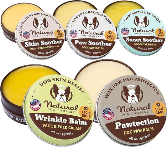 Natural Dog Company Balm Stick Bundle for Dogs – Travel Set for Nose, Paws, Wrinkles, Itchy Skin & Hot Spots – Lick-Safe, Plant-Based Relief with Coconut Oil – 5 x 1 oz Tins