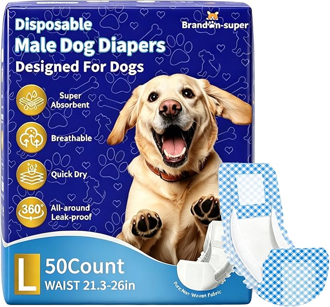 BrandonSuper Dog Diapers Male 50CT,L,Ultra Absorbent Disposable Puppy Dog Wraps,Leak-Proof Belly Band for Male Adult Dog and Puppy