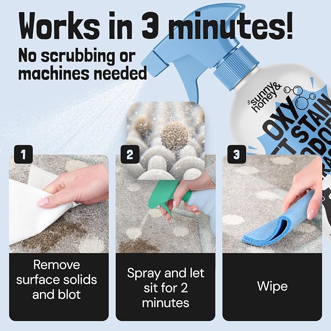 Sunny & Honey Oxy Pet Stain and Odor Eliminator - Oxygen Powered Carpet Cleaner Spray and Upholstery Cleaner - Pet Stain Remover for Rugs, Couches and Mattresses - Unscented (32 fl oz)