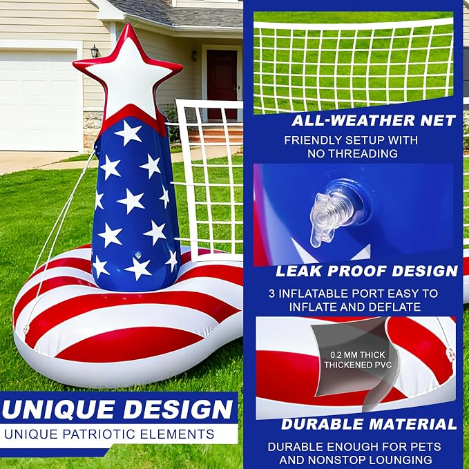 250th Anniversary American Flag Inflatable Pool Games Large Volleyball Net Pool Floats Set with 9" Beach Ball – 4th of July Floating Swimming Game Toy for Adults, Perfect for Patriotic Party Summer