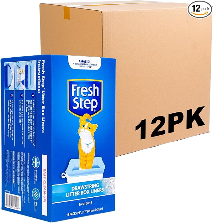 Fresh Step Drawstring Cat Litter Box Liners Scented Heavy Duty Kitty Litter Bags Large Oval or Rectangle Pans Contains Odor and Mess Easy Lift Out Cleanup 30 x 17 IN 15 Count 12 Pack