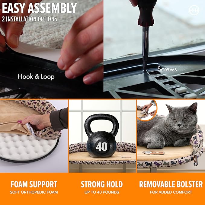 K&H Pet Products Bolster Kitty Sill Cat Window Perch Bed for Large Cats, Orthopedic Window Hammock Holds 40 lbs, Washable Cover, Indoor Windowsill Furniture Bed Seat - Tan/Kitty Unheated 14 X 24in