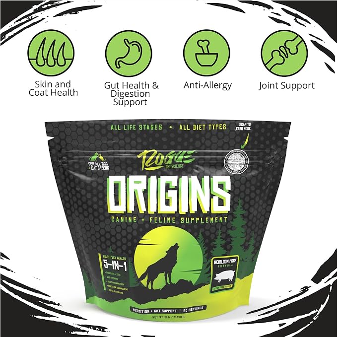Rogue Pet Science Origins 5-in-1 Dog Supplement - Powdered Food Topper w/Natural Heirloom Pork Protein- Supports Healthy Digestion, Skin, and Coat - Helps Reduce Itching & Joint Inflammation (5 lbs)