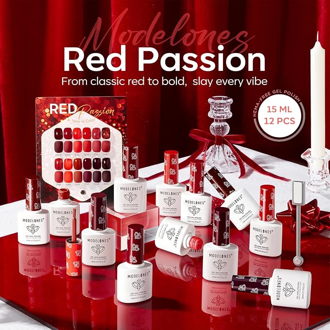 modelones 12Pcs 15ML Red Gel Nail Polish Set, Same Bottle Same Bottle Burgundy Cherry Dark Red Cat Eye Glitter Color Changing Hema Free Gel Polish Kit with Magnet Soak Off Manicure Nail Art DIY