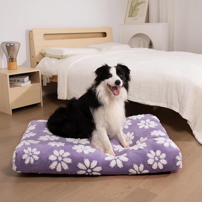 Dog Beds for Extra Large Dogs, Cute Thick Dog Bed for Crate Kennel, Fluffy Pet Bed with Removable Washable Cover and Anti-Slip Bottom, 41"x 28", Purple Flower