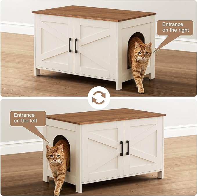 Homhedy Cat Litter Box Enclosure,Litter Box Furniture Hidden with Barn Door,Wooden Cat Washroom Furniture,Fit Most of Litter Box, Rustic White and Brown