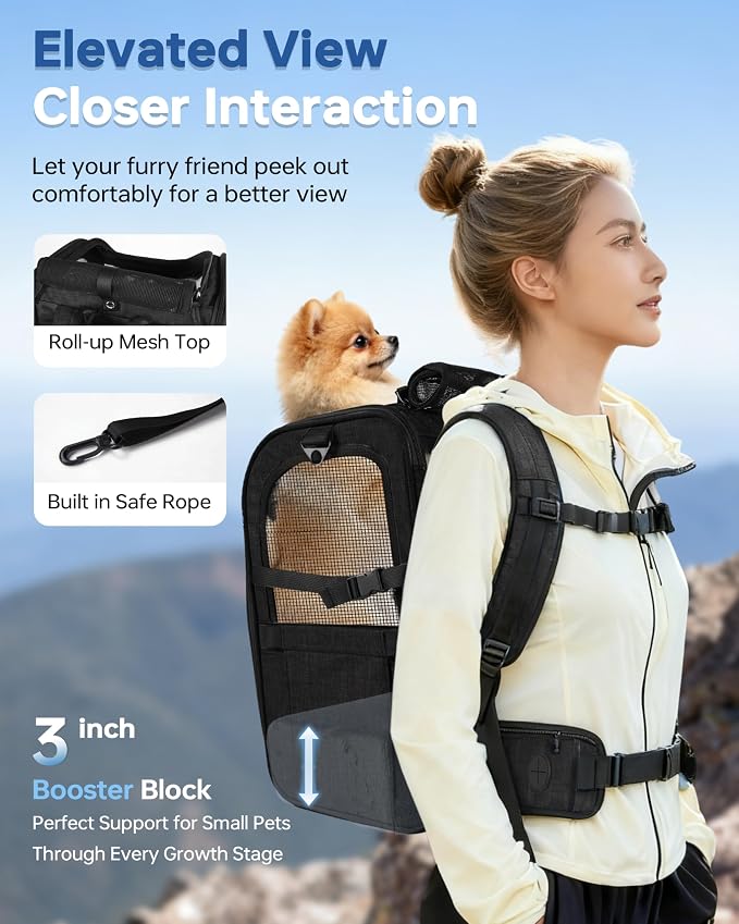 Hiking Dog Carrier Backpack, Padded Height-Enhancing Design, Adjustable Waist Cushioning Belt with Breathable Padded Back Support, Dog Carrier Backpack for Small Dogs Max 13LB Black with Pad