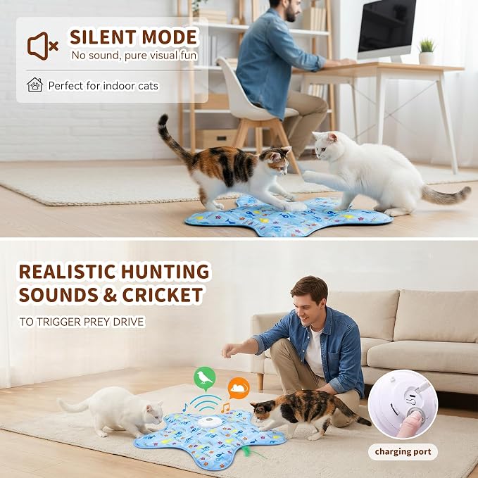 Interactive Cat Toy for Indoor Cats, Rechargeable Touch Activated Hide and Seek Cat Toys, Automatic Moving Concealed Wand Feather Toy for Bored Indoor Kitten Adult Cats, Real Bird Squeaky White