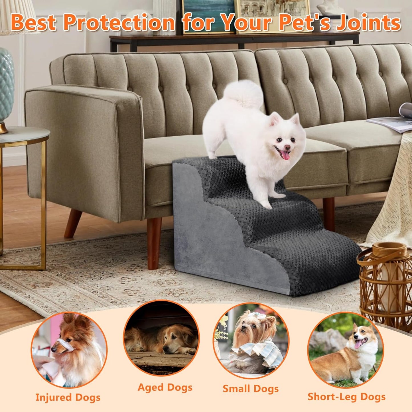 MIHIKK Dog Stairs Ramp, Curved 3-Step Dog Steps for Small Dogs and Cats, Pet Stairs for High Beds and Couch with Anti-Slip Washable Cover and Durable High Density Foam, Dark Grey