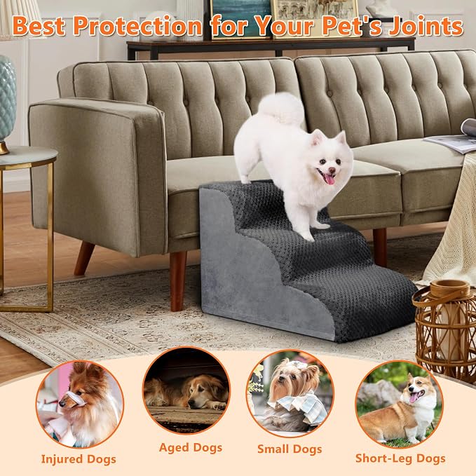 Dog Stairs Ramp, Curved 3-Step Dog Steps for Small Dogs and Cats, Pet Stairs for High Beds and Couch with Anti-Slip Washable Cover and Durable High Density Foam, Dark Grey
