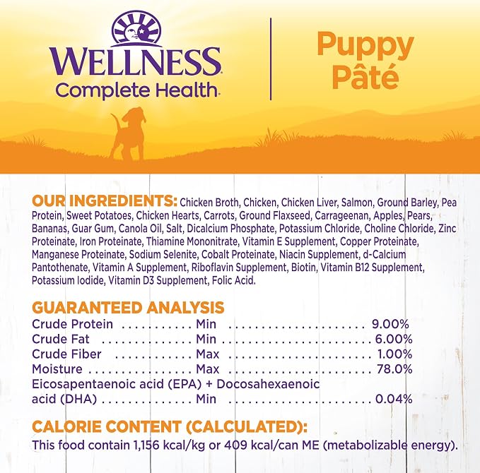 Wellness Complete Health Pate Puppy Canned Wet Dog Food, Wholesome Grains, Natural, Chicken and Salmon Recipe, 12.5 oz, Pack of 12 Cans