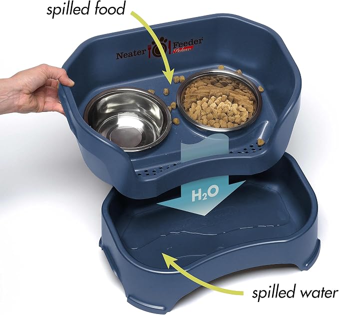 Neater Feeder Deluxe Mess-Proof Elevated Dog Bowls for Medium Dogs (19–40 lbs), 2 Height Adjustable (10” & 12.5”) No-Spill Raised Dog Bowl Stand, Stainless Steel Food Bowl Set, Made in USA, Dark Blue