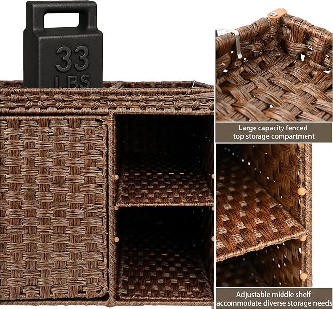 Aesthetic Cat Litter Box Enclosure, Handwoven Rattan Hidden Litter Box Furniture with Extra Mat and Fence, Large Space Litter Box Cover with Divider for Bedroom Living Room Balcony, Brown