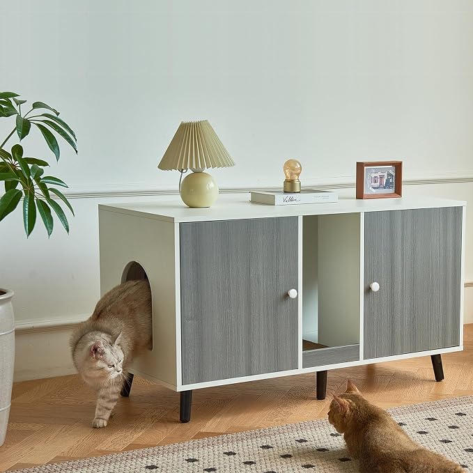 Cat Litter Box Enclosure for 2 Cats, Hideaway Litter Box Furniture with Scratching Pad, Enclosed Litter Box TV Stand Pet Washroom End Table Side Table, Grey