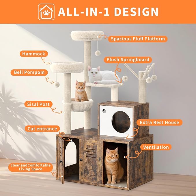 Modern Wooden Cat Tower with Hidden Litter Box Enclosure, Multi-Level Cat Condo, Scratching Posts, Cozy Hanging Basket & Toy, Durable Cat Tree Furniture for Indoor Cats, Vintage Brown
